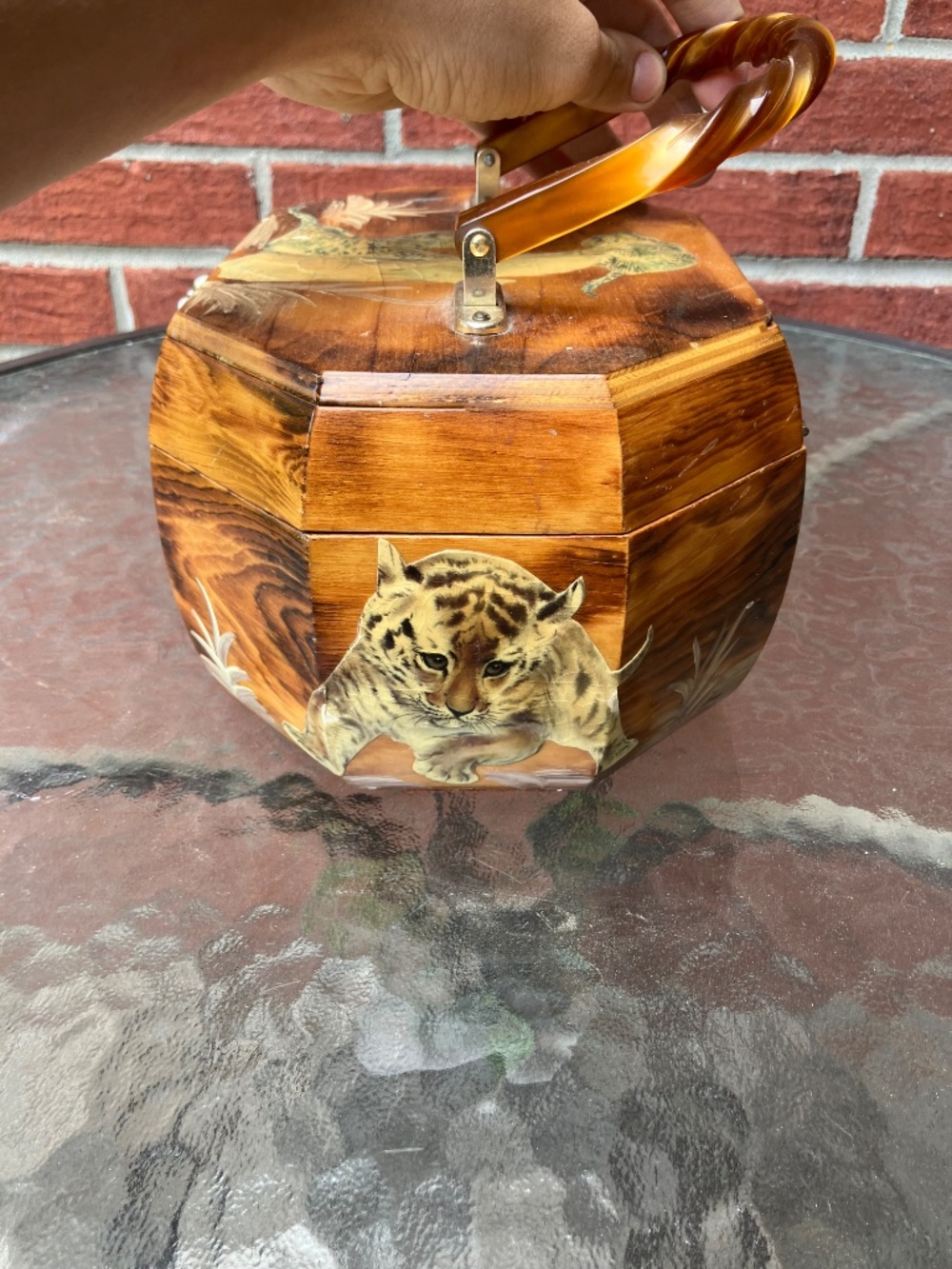 Vtg Anton Pieck Octagon Purse w Lucite Handle MCM Wooden Decoupage Handbag Tiger - Picture 3 of 11